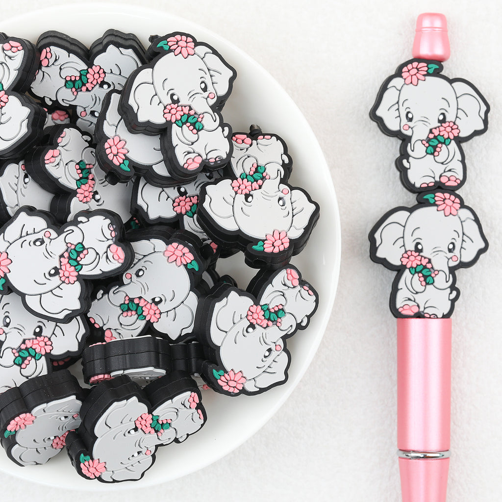Cute Elephant Holding Flowers Silicone Focal Beads 20Pcs 