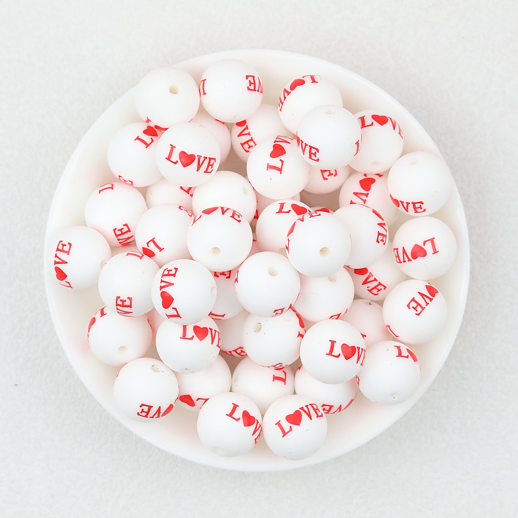 Valentine Theme 15mm Silicone Beads Printed Pattern 50pcs - White LOVE