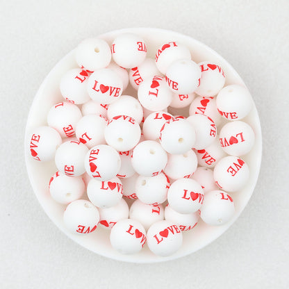 Valentine Theme 15mm Silicone Beads Printed Pattern 50pcs - White LOVE