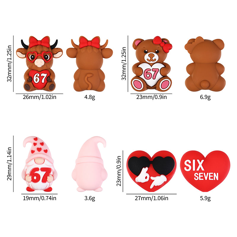 3D Highland Cow Silicone Focal Beads Wholesale, Six Seven 67 Red Love Heart Character