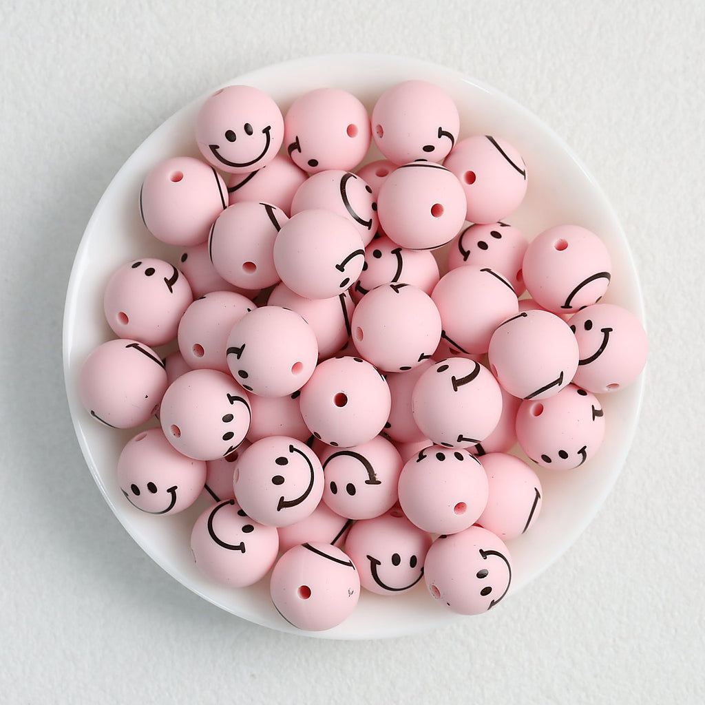 15mm Smiley Face Printed Round Silicone Beads  50pcs - Pink