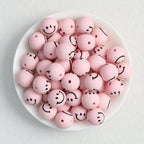15mm Smiley Face Printed Round Silicone Beads  50pcs - Pink