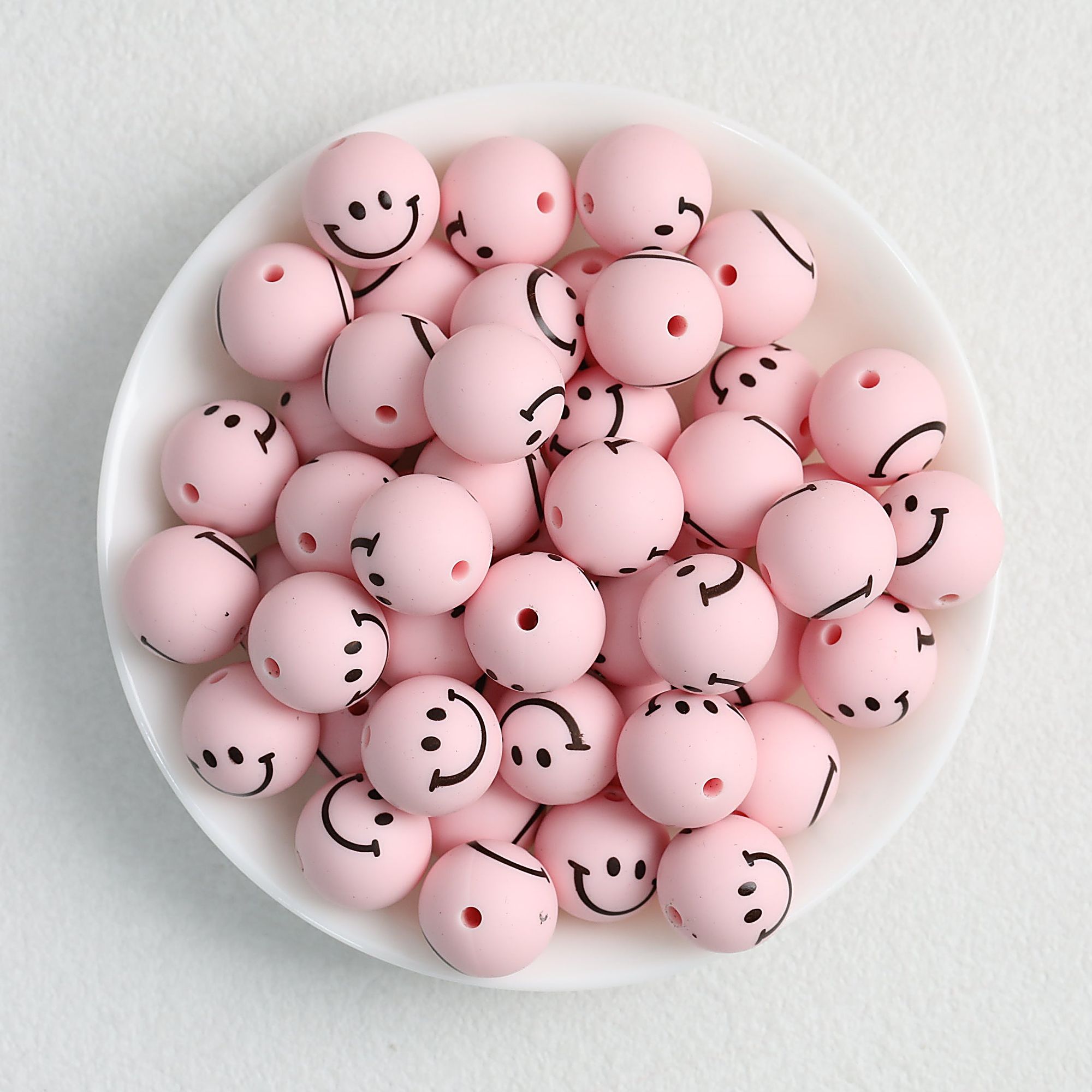 15mm Smiley Face Printed Round Silicone Beads  50pcs - Pink