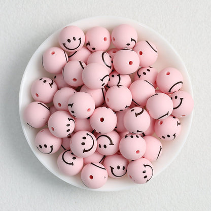 15mm Smiley Face Printed Round Silicone Beads  50pcs - Pink