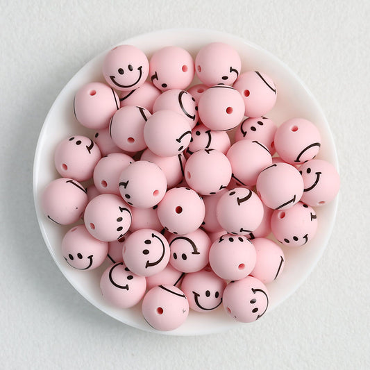 15mm Smiley Face Printed Round Silicone Beads  50pcs - Pink
