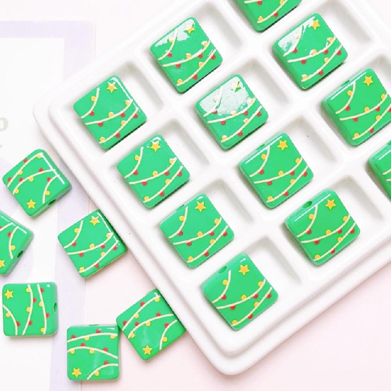 Christmas Square Acrylic Beads 16mm Gingerbread House Design 10pcs 12