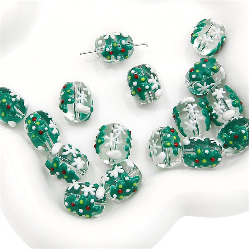 Hand Drawn Christmas Glass Beads 14mmx16mm Holiday Focal Beads 7