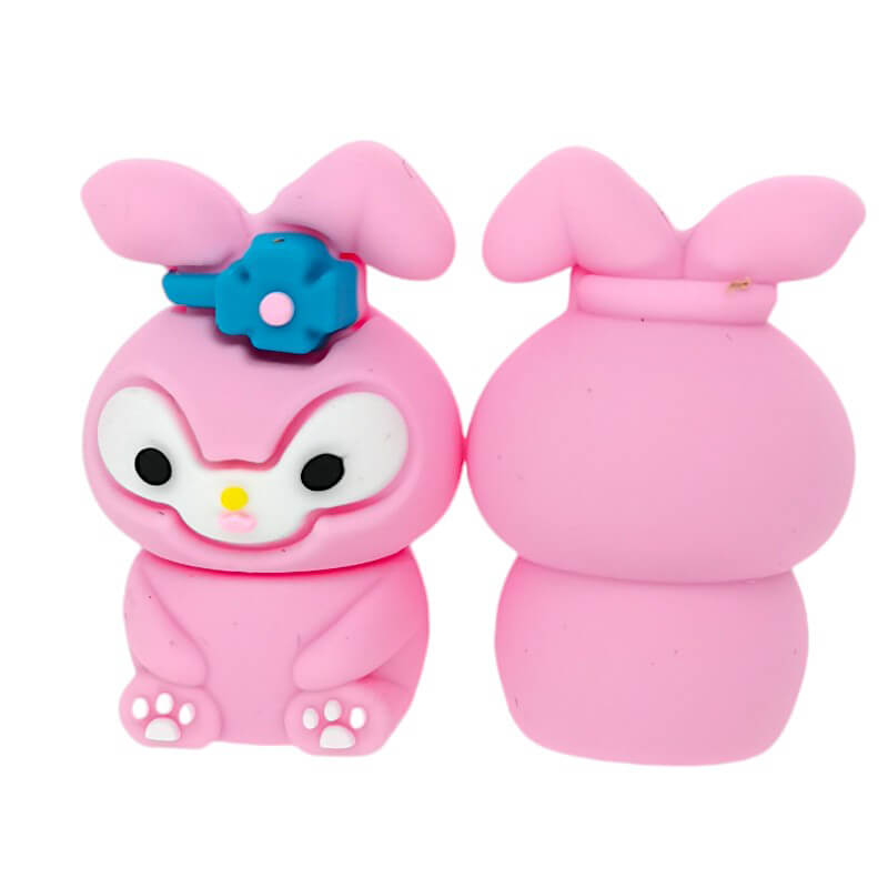 Silicone 3D Focal Beads Sitting Pink Bunny With Blue Flower Detail