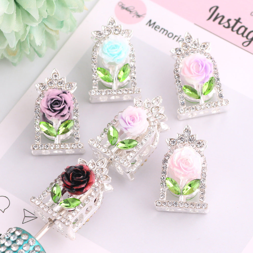 24mm Rose Frame Rhinestone Beads Alloy Decorative 3pcs 4
