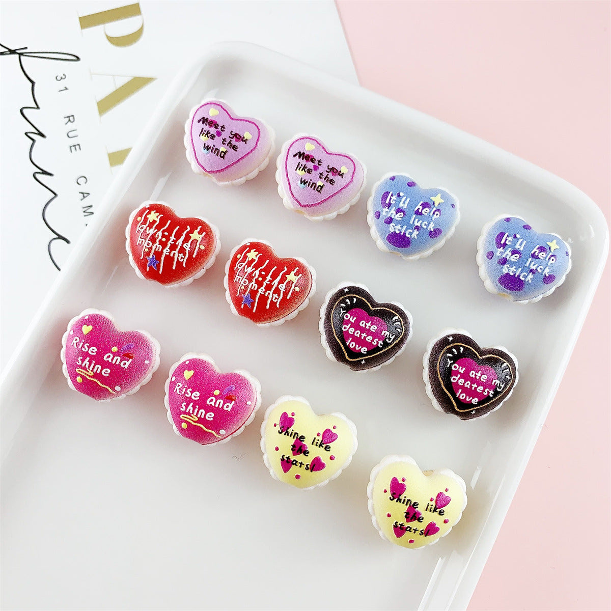 Valentine Heart Acrylic Beads Double-sided Embossed 18x16mm 10pcs
