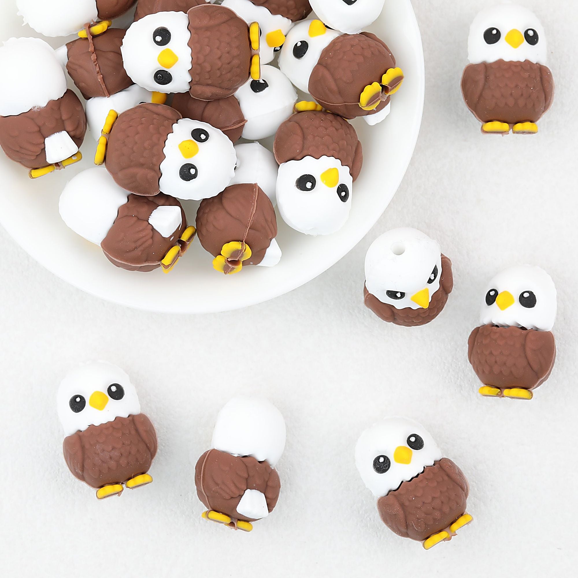 Cute 3D Owl Silicone Focal Beads Brown White Yellow 20pcs