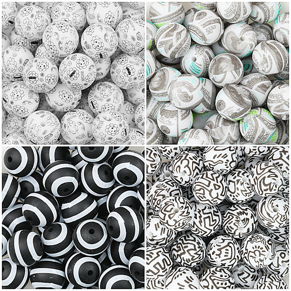 15mm Black and White Patterned Print Round Silicone Beads 50pcs