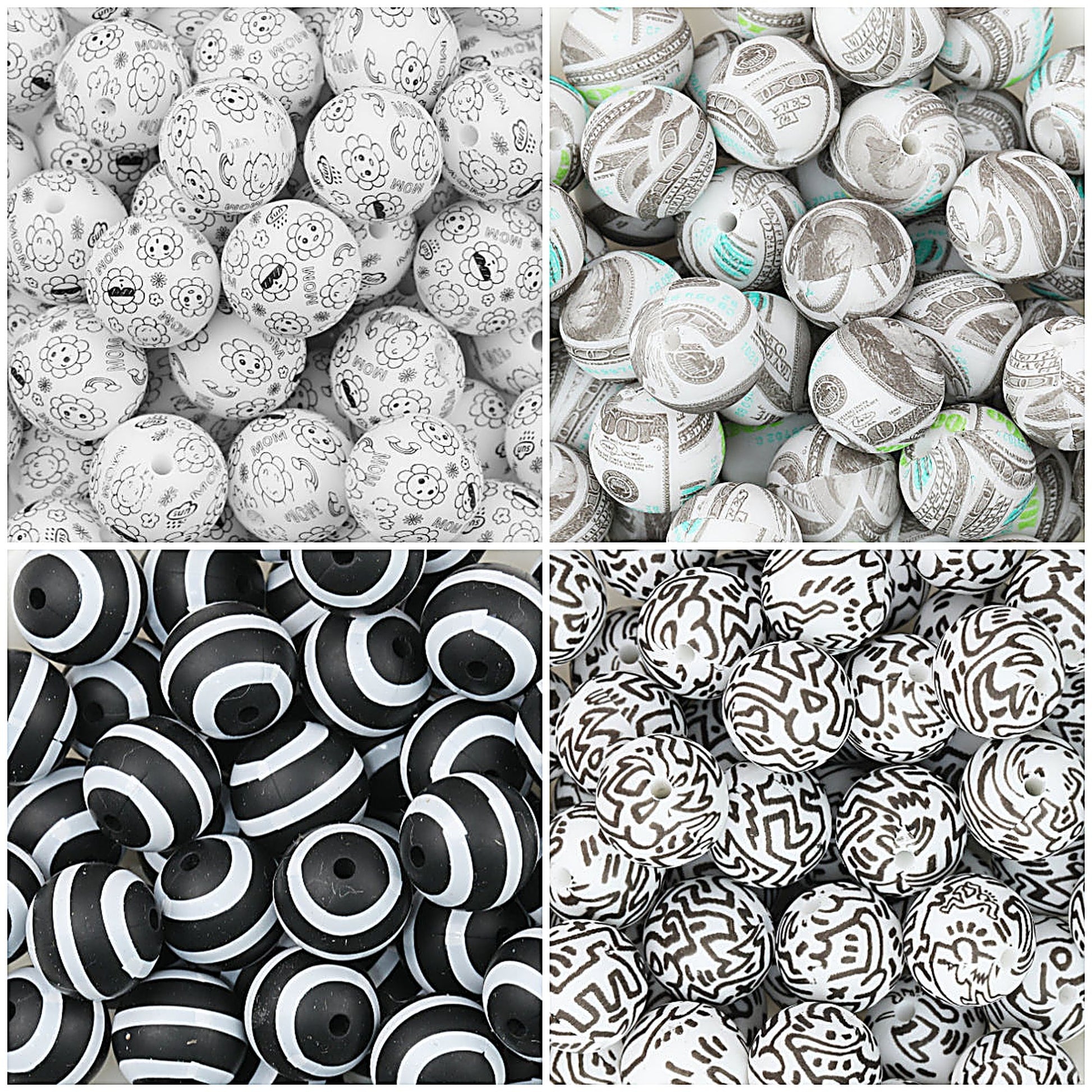 15mm Black and White Patterned Print Round Silicone Beads 50pcs