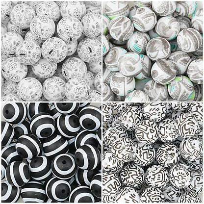 15mm Black and White Patterned Print Round Silicone Beads 50pcs