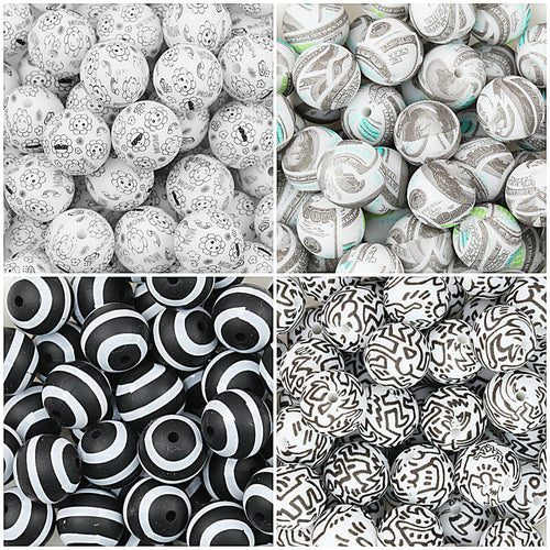 15mm Black and White Patterned Print Round Silicone Beads 50pcs