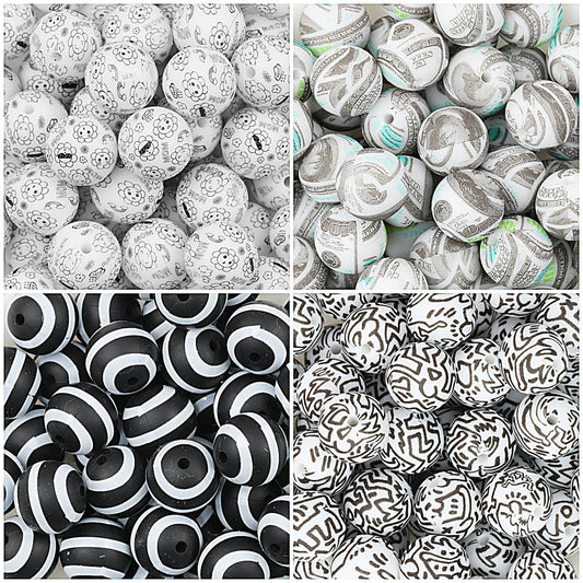 15mm Black and White Patterned Print Round Silicone Beads 50pcs