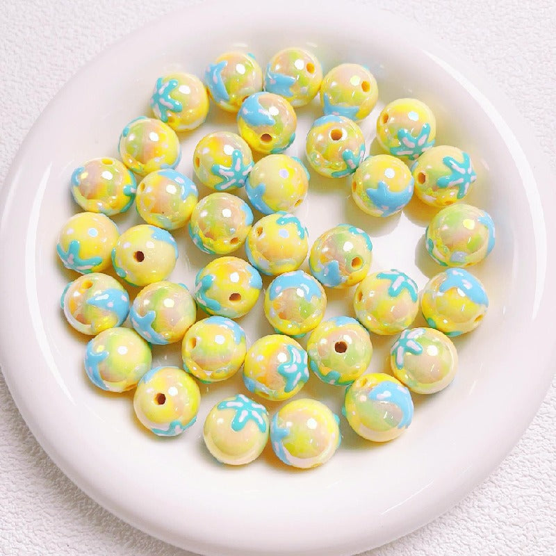 Hand-Painted Round Acrylic Beads 16mm Cartoon Design 5pcs 10