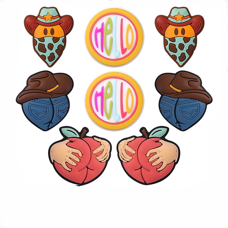 Silicone Focal Beads Retro Style Denim Masked Cowboy Circular Hello 20pcs
