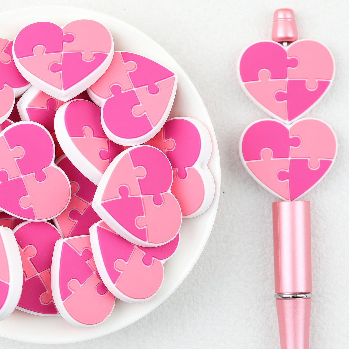  Pink Puzzle Heart Silicone Focal Beads 20Pcs