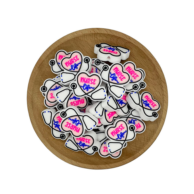 Silicone Focal Beads Nurse Life Heart Stethoscope with Nurse Life Text 20pcs 2