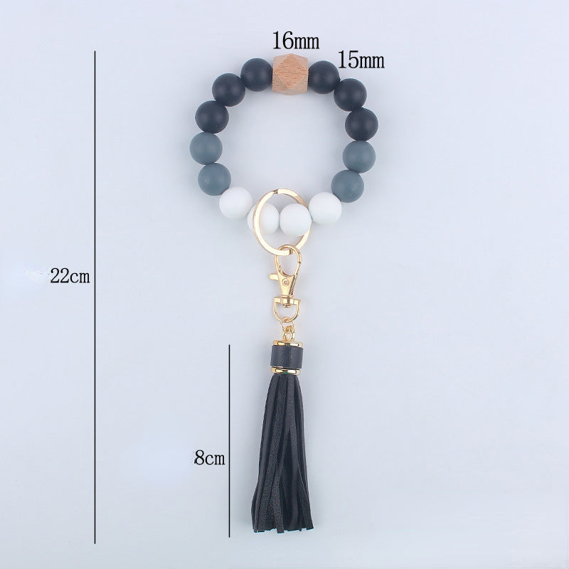 Silicone Beaded Wristlet Keychain with Wooden Beads and Leather Tassel 8cm 5
