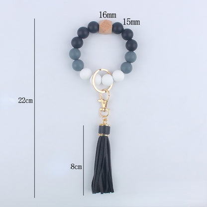 Silicone Beaded Wristlet Keychain with Wooden Beads and Leather Tassel 8cm 5