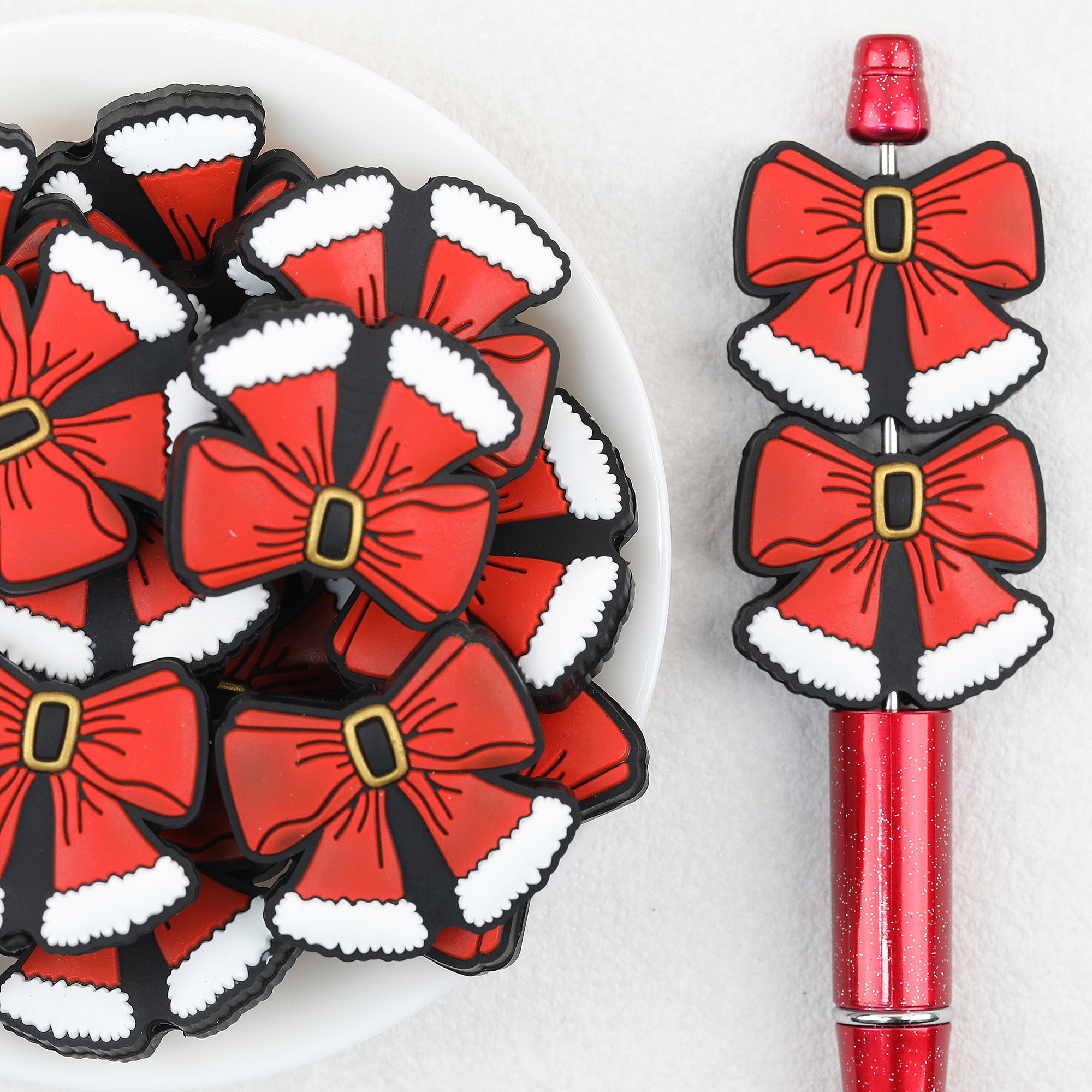Santa Bow silicone focal beads Wholesale, Red Christmas Hat Trim White-Black Flat