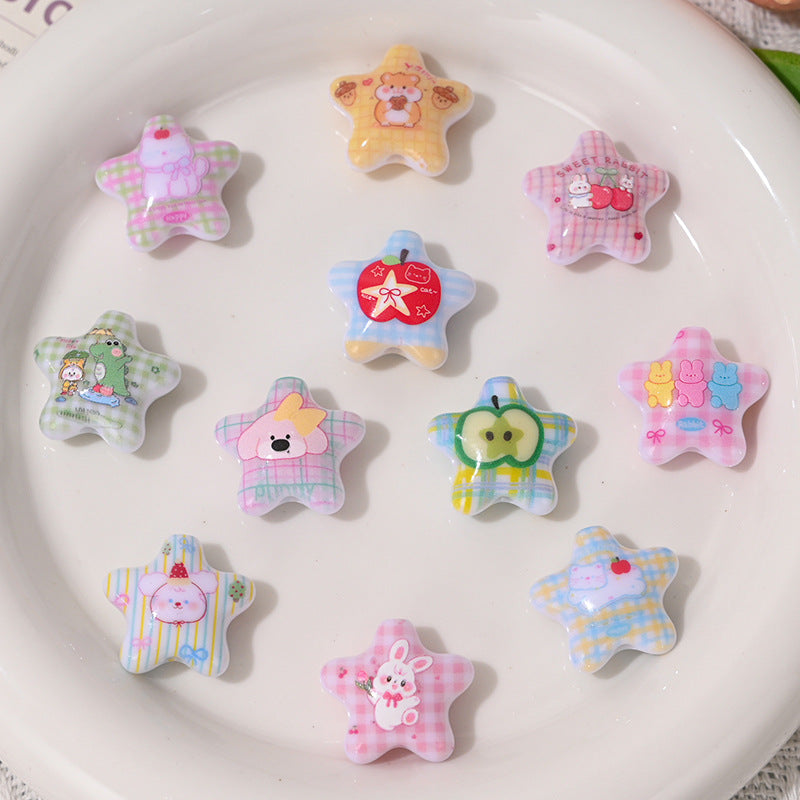 Cartoon Animal Fruit Pattern Star Resin Beads 22mm Pastel Colors 5pcs 2