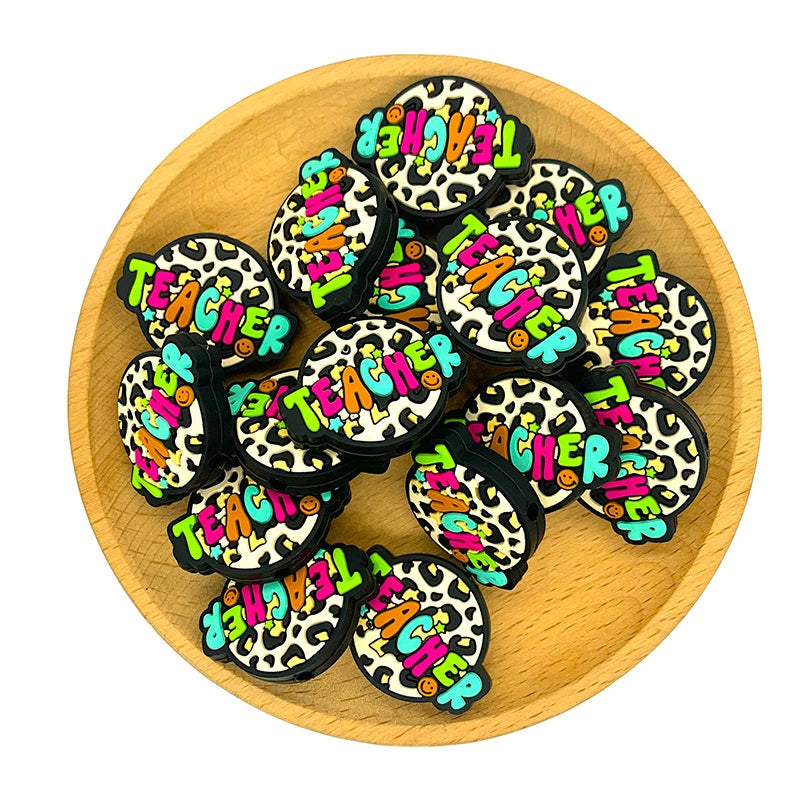 Silicone Focal Beads Teacher Colorful Text Leopard Print 20pcs 2