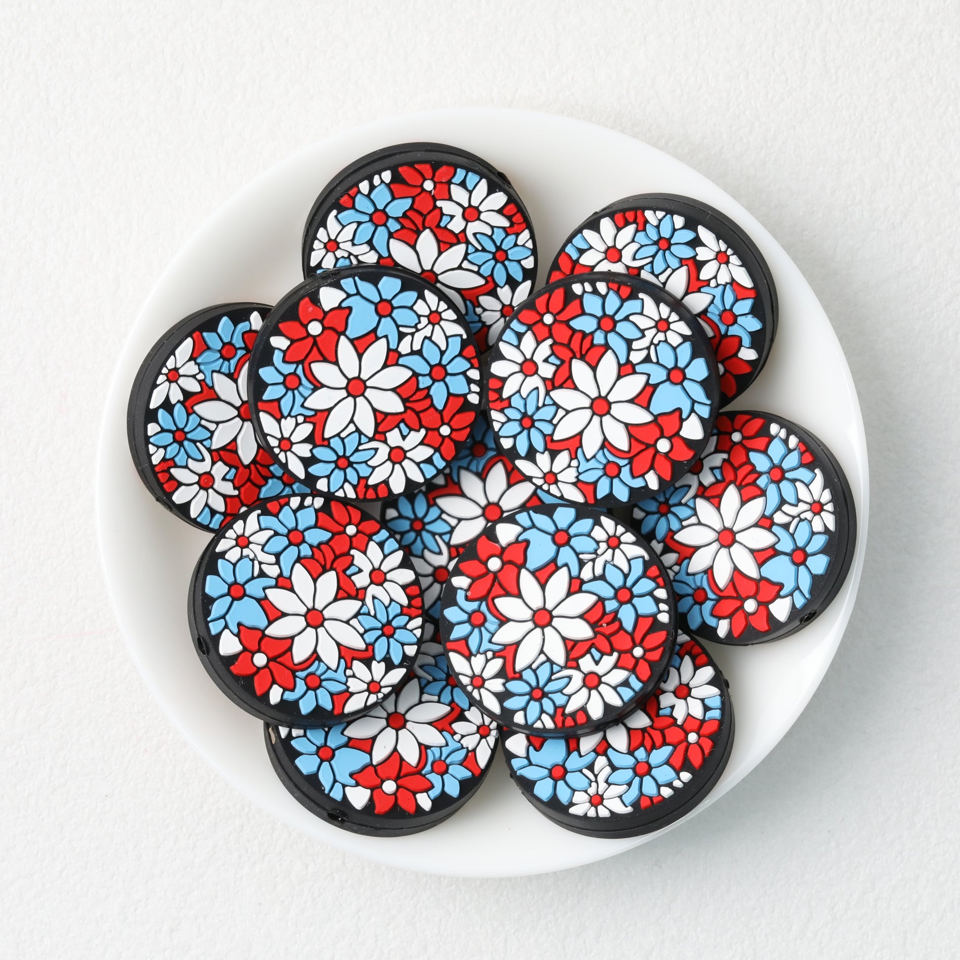 Independence Day Floral Round Silicone Focal Beads 20 pcs