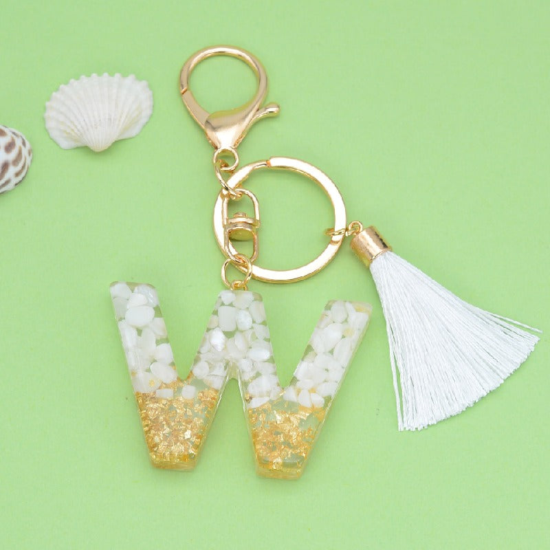 Tassel Letter A Keychain Resin Gold Flakes White Tassel 26