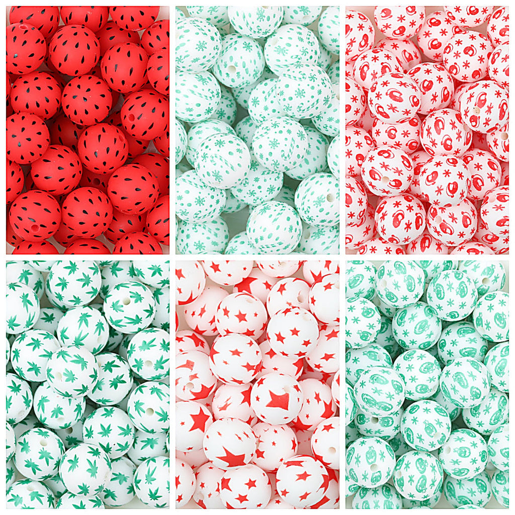 15mm Printed Leaf Pattern Silicone Round Beads 50pcs