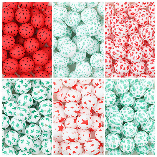 15mm Printed Leaf Pattern Silicone Round Beads 50pcs
