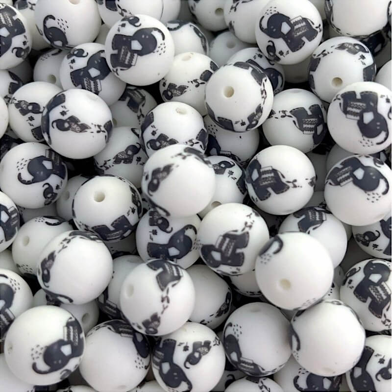 15mm Silicone Beads Black Elephant Print Animal Theme 50pcs