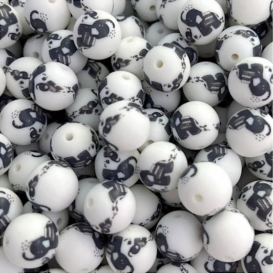 15mm Silicone Beads Black Elephant Print Animal Theme 50pcs