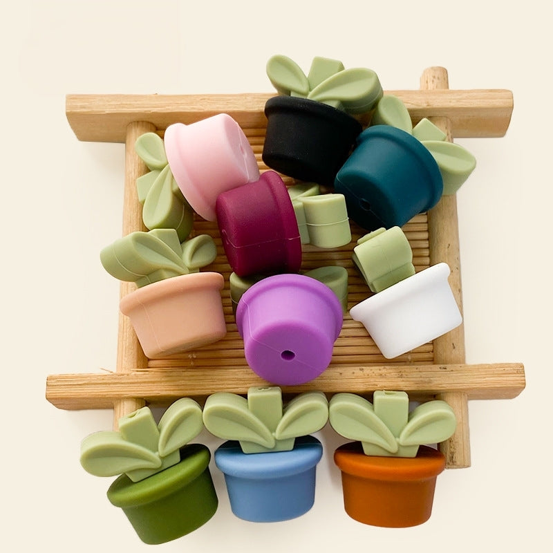Silicone 3D Focal Beads Flowerpot Grass With Leaf Cluster 20pcs