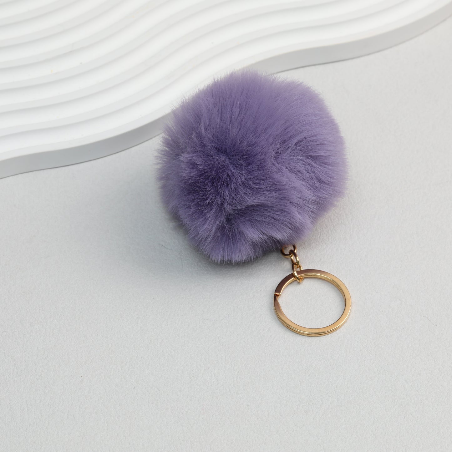 Pom Pom Keychain Plush Violet Faux Fur Ball Gold Ring 8cm