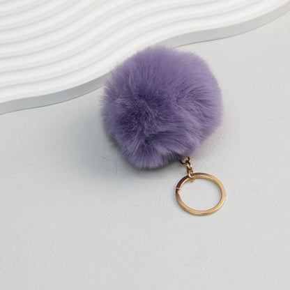 Pom Pom Keychain Plush Violet Faux Fur Ball Gold Ring 8cm