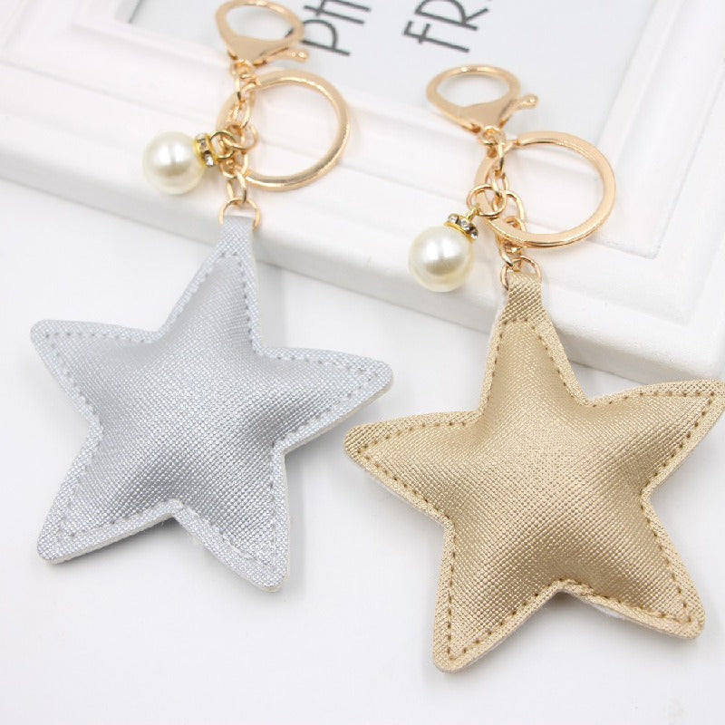 Leather Star Keychain with Faux Pearl Charm Gold and Silver