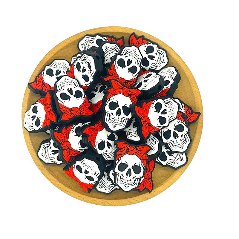 Silicone Focal Beads Halloween Skull with Bandana 20pcs 2