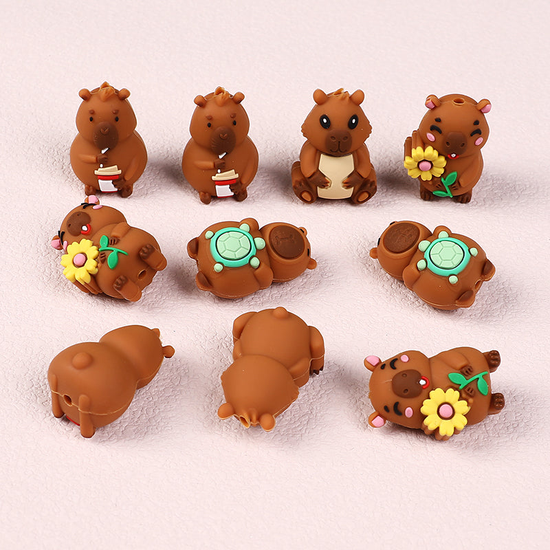 Silicone 3D Focal Beads Capybara Holding Books Flowers Turtles 20pcs