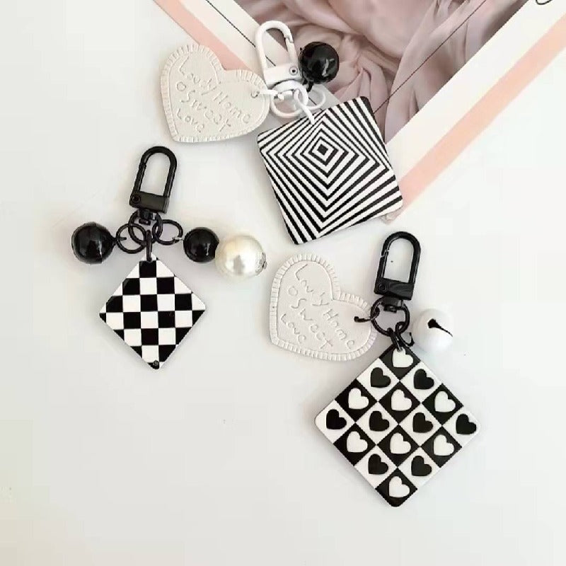 Cartoon Acrylic Plaid Striped Heart Leather Keychain Monochrome Design 3