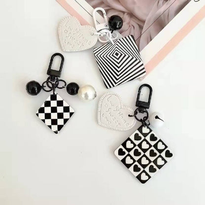 Cartoon Acrylic Plaid Striped Heart Leather Keychain Monochrome Design 3