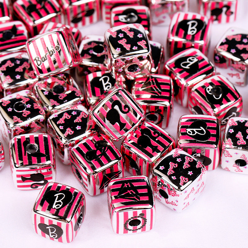 Square Acrylic Beads 14mm Barbie Letter Design 10pcs