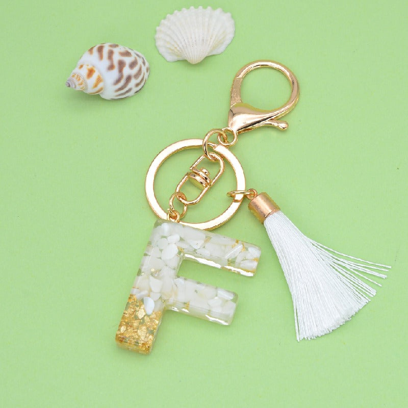 Tassel Letter A Keychain Resin Gold Flakes White Tassel 9