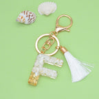 Tassel Letter A Keychain Resin Gold Flakes White Tassel 9