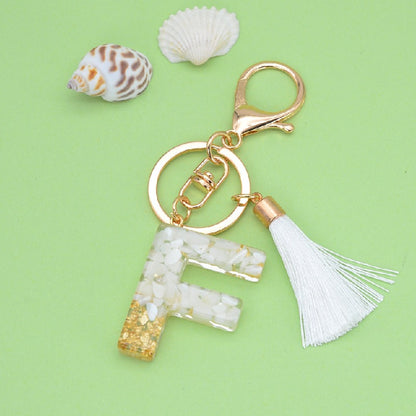 Tassel Letter A Keychain Resin Gold Flakes White Tassel 9