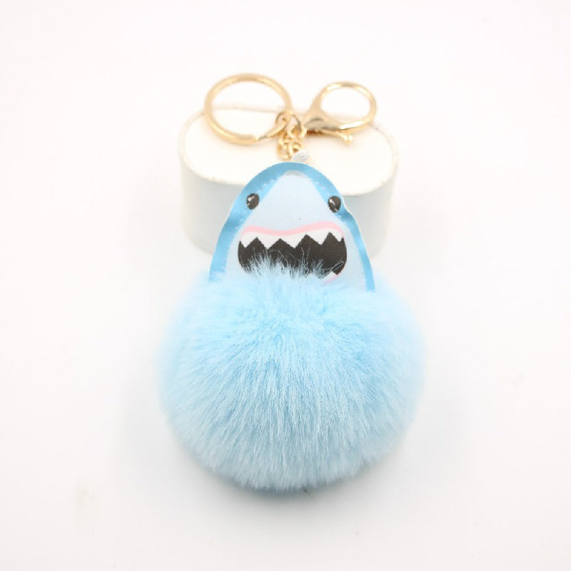 Plush Shark Keychain Blue Leather Face Fluffy Pom Pom Belly 4