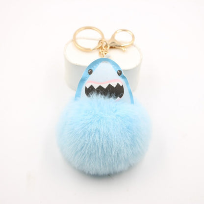 Plush Shark Keychain Blue Leather Face Fluffy Pom Pom Belly 4