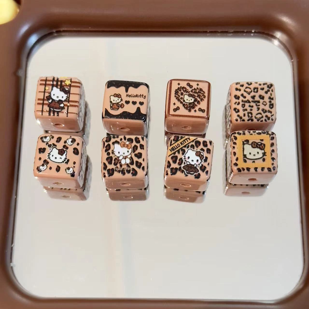 Square Acrylic Beads 14mm Coffee Leopard Print Hello KT 10pcs
